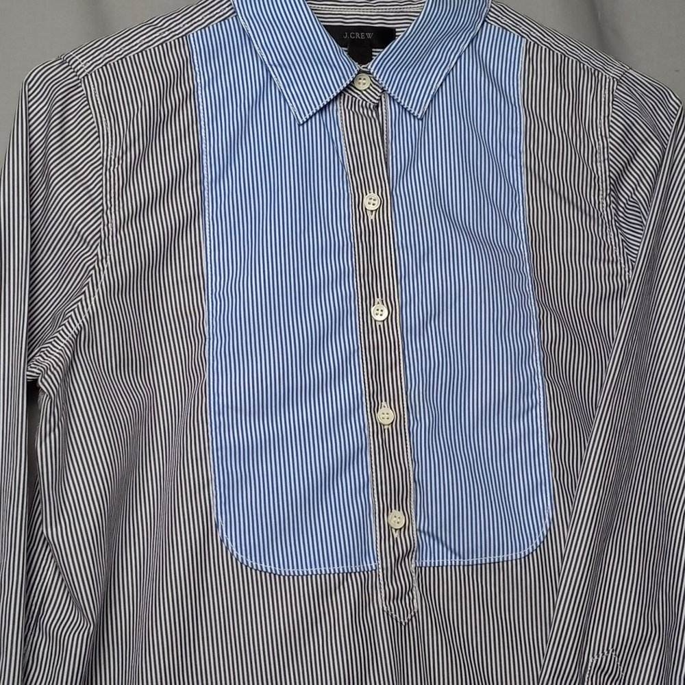 J Crew Popover Bib Blue Striped Shirt Sz O‎ Women's Button Long Sleeves
